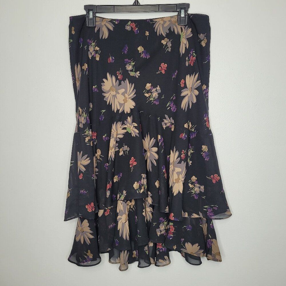 American Living black tan flower print ruffle tiered pull on midi skirt size L